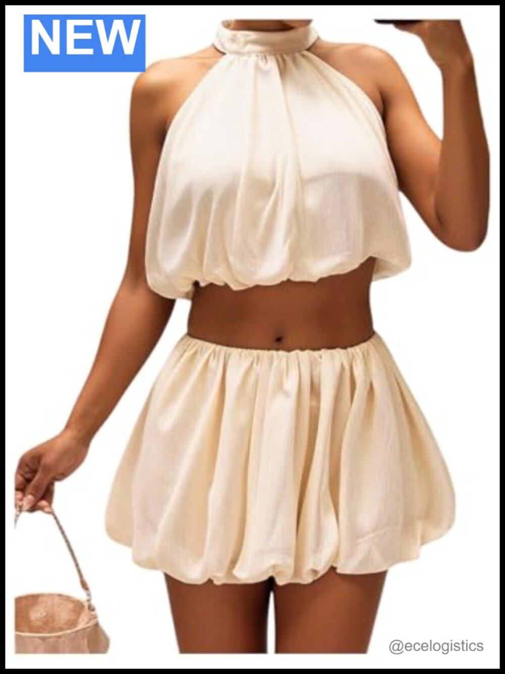 Y2K 2 Piece Skirt Set Backless Halter Crop Top Bubble Mini Skirt